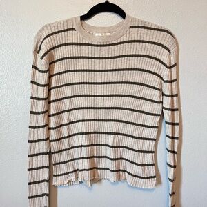 Neuflora Olive Striped Ribbed Long Sleeve Knit Cropped Top Medium